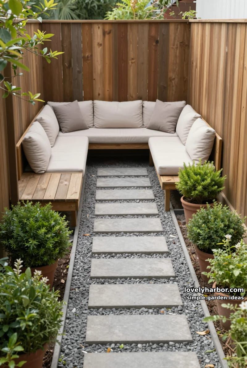 narrow garden with deck, l-shaped sofa, and stone pathway 1