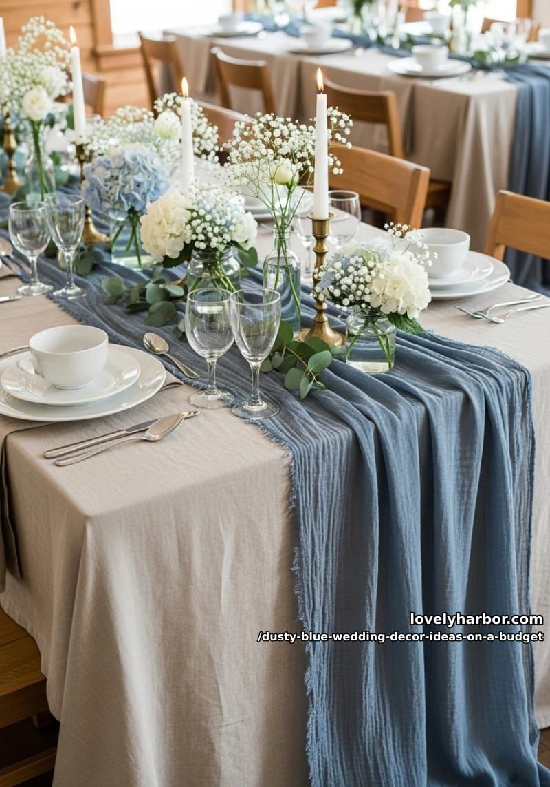 natural linen table runners with blue cheesecloth overlays 1