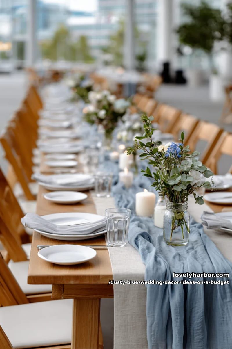 natural linen table runners with blue cheesecloth overlays 1