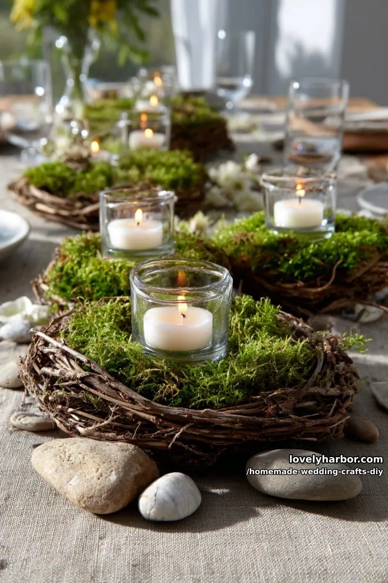 19 Homemade Wedding Crafts DIY To Wow Your Guests 35 natural twig and moss centerpieces with suspended glass tea lights 1