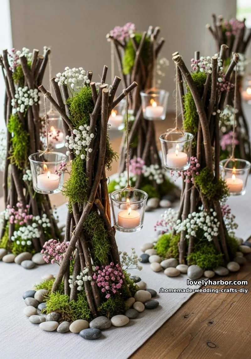 19 Homemade Wedding Crafts DIY To Wow Your Guests 36 natural twig and moss centerpieces with suspended glass tea lights 1