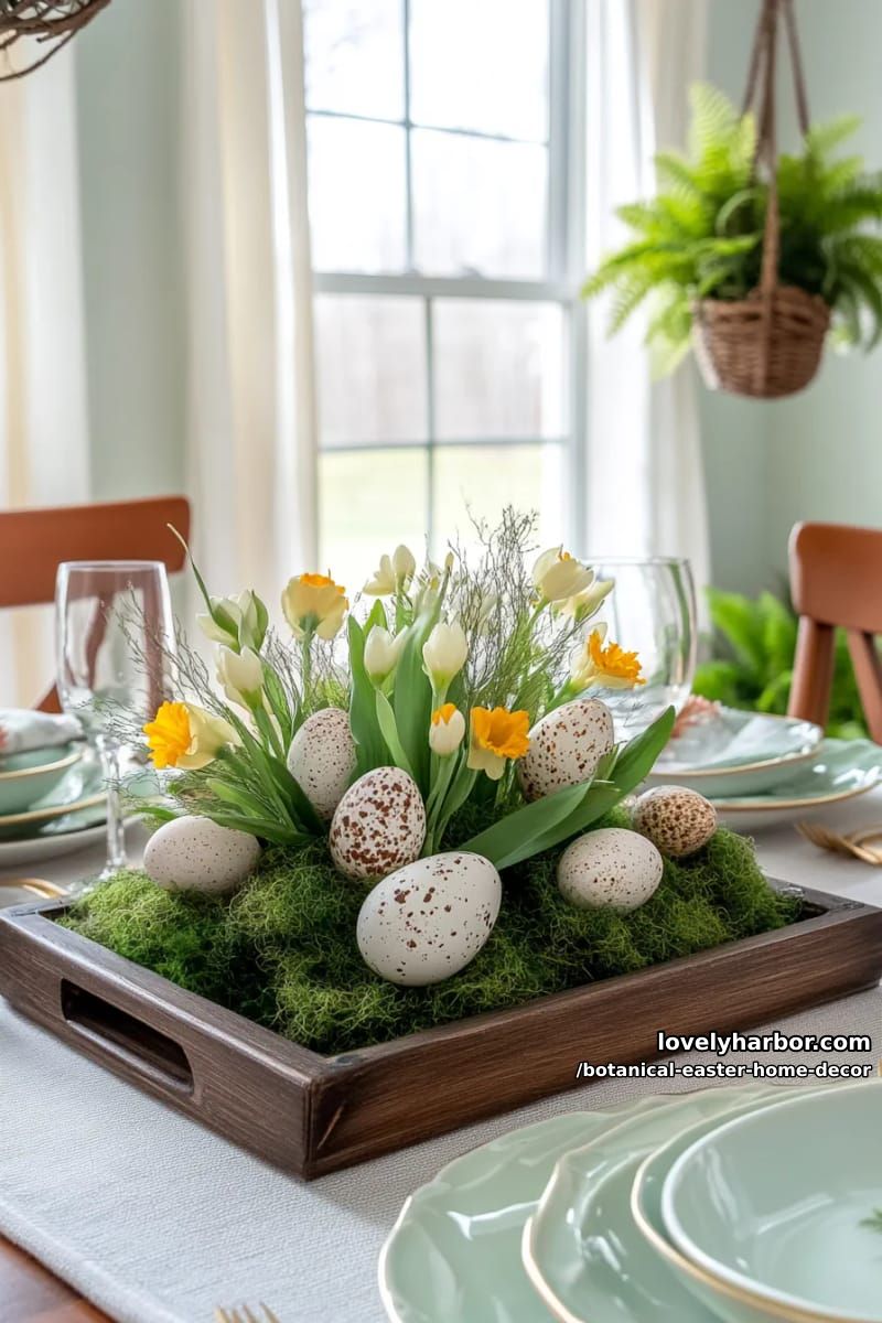 natural wood trays with moss nests, quail eggs, and daffodil clusters 1