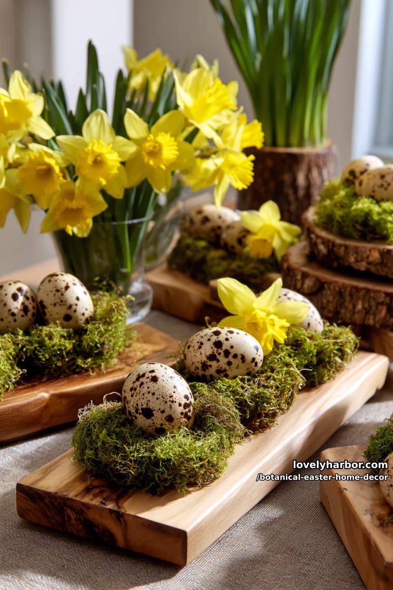 natural wood trays with moss nests, quail eggs, and daffodil clusters 1
