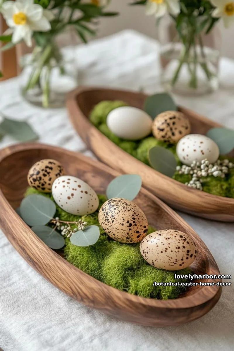 natural wood trays with moss nests, quail eggs, and daffodil clusters 1