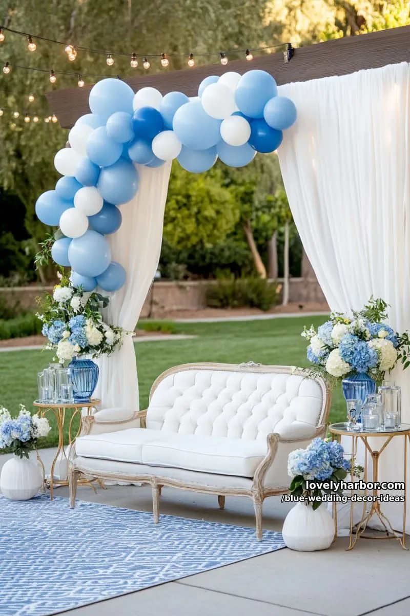 navy and powder blue balloon garland photo booth backdrop 1