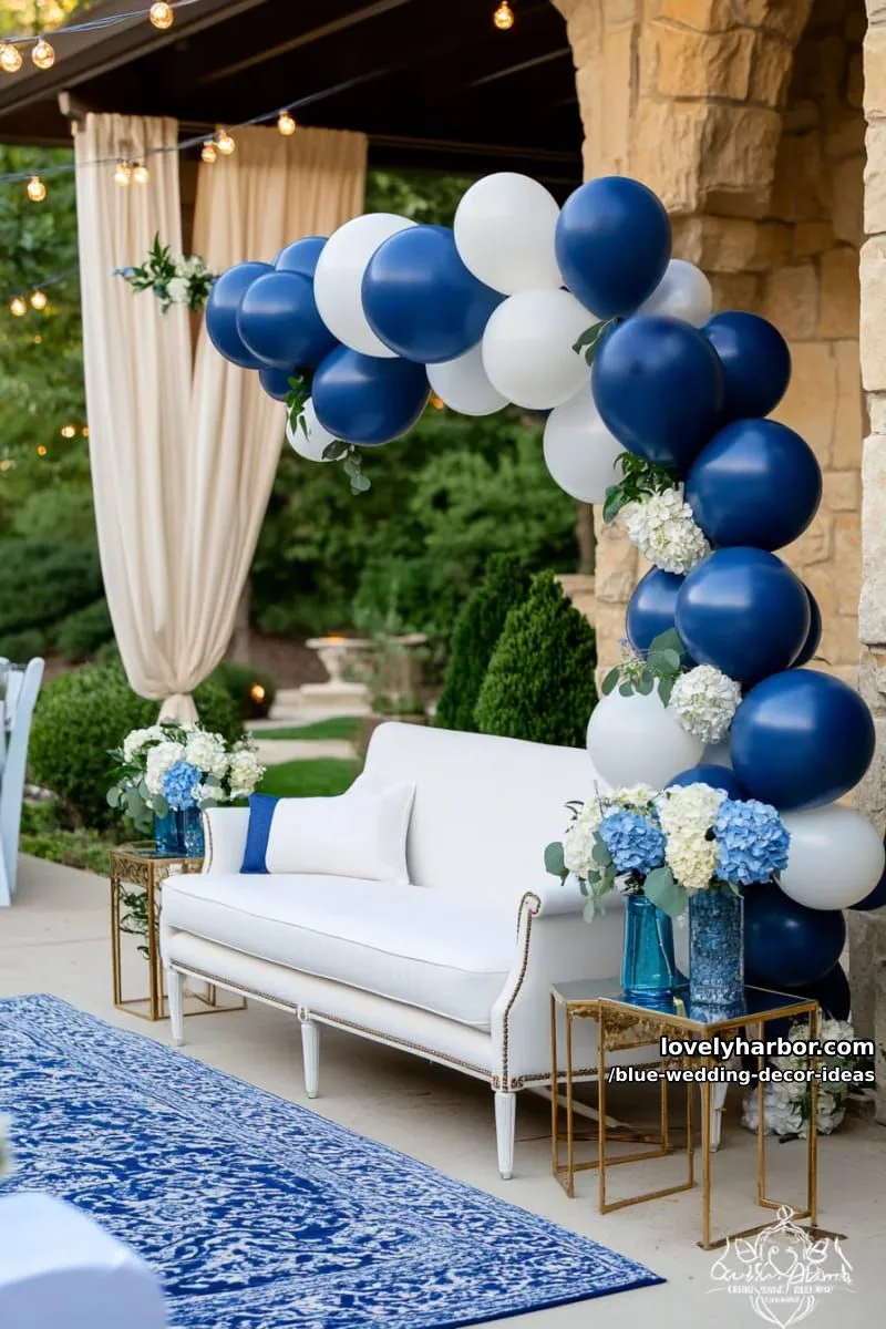 navy and powder blue balloon garland photo booth backdrop 1