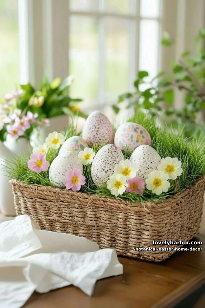 nested baskets of faux grass, painted eggs, and primrose blooms 1