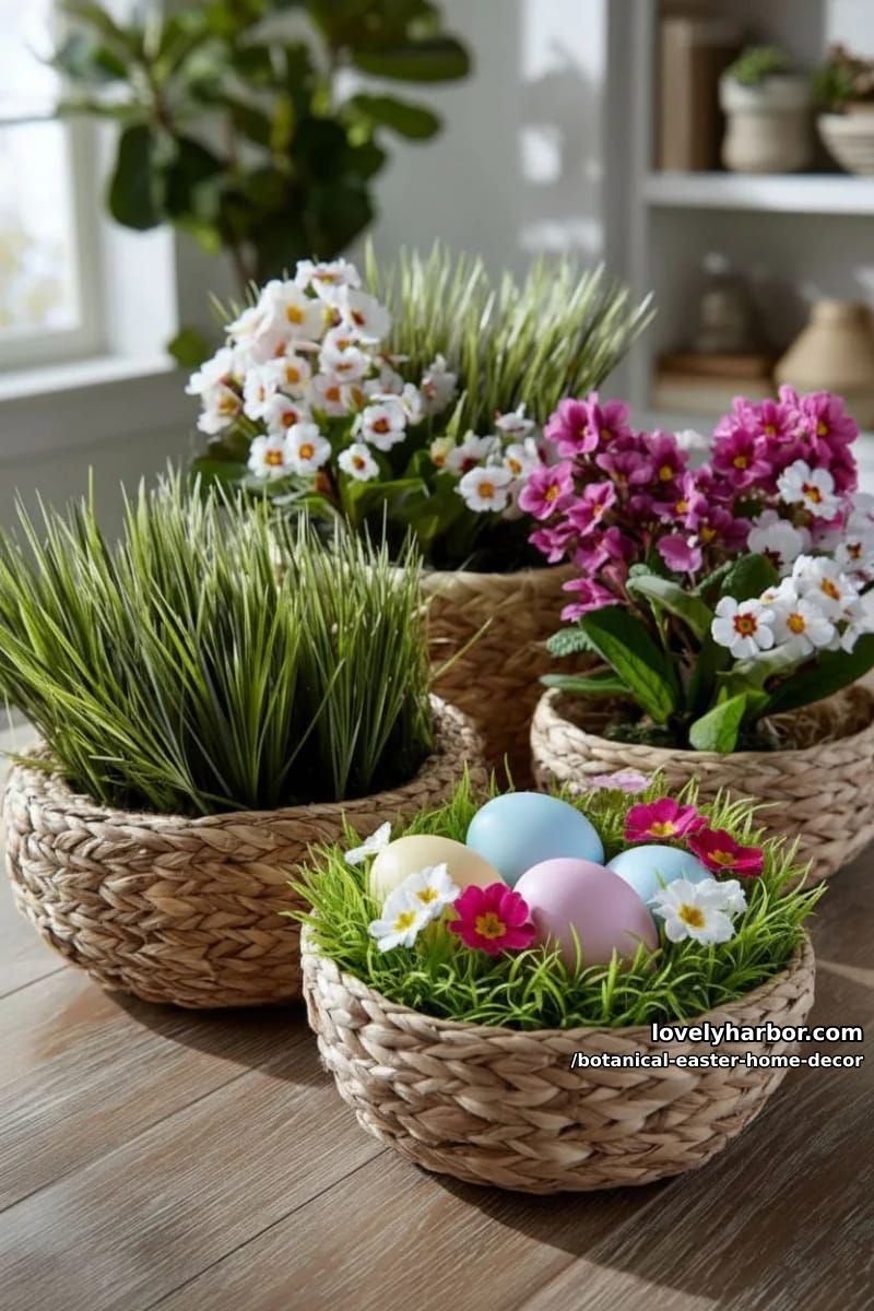 nested baskets of faux grass, painted eggs, and primrose blooms 1