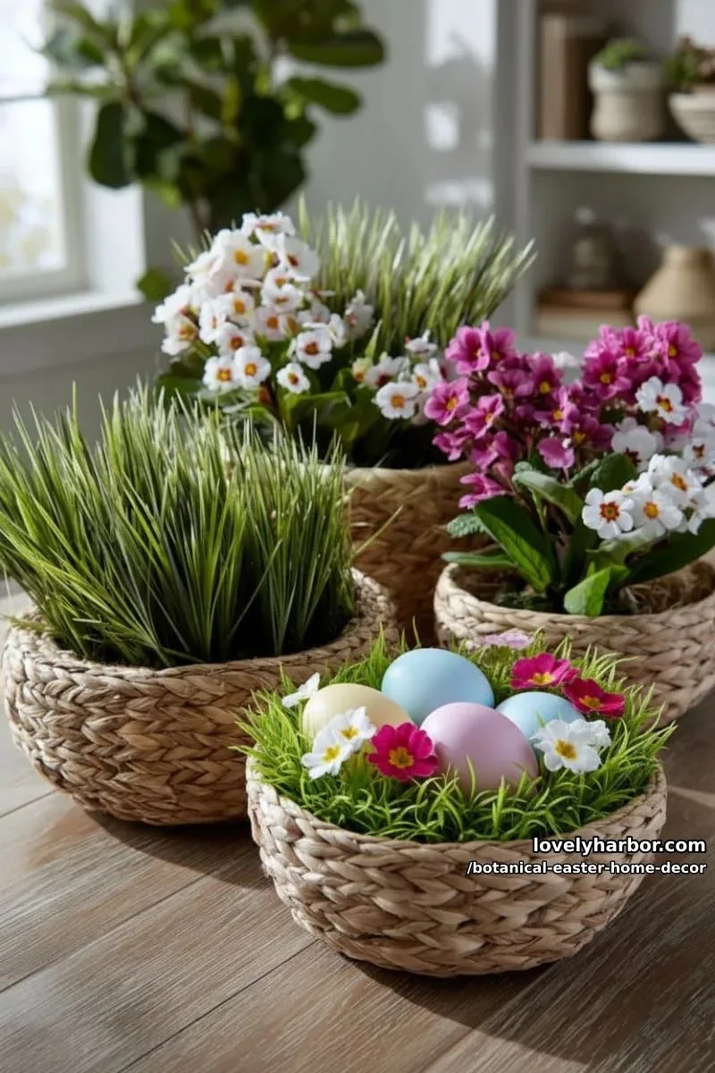 nested baskets of faux grass, painted eggs, and primrose blooms 1