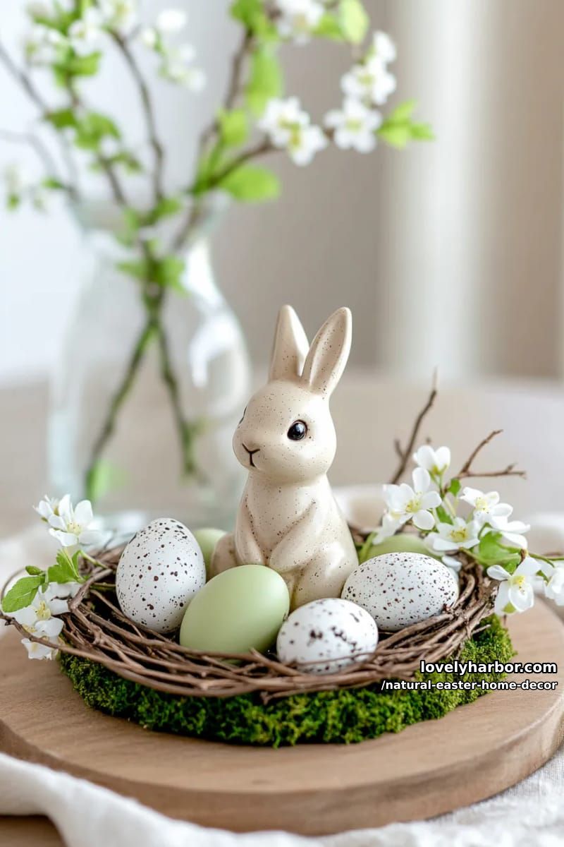 neutral bunny figurine beside a nest of moss and tiny white blossoms 1