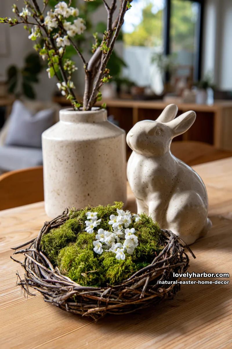 neutral bunny figurine beside a nest of moss and tiny white blossoms 1