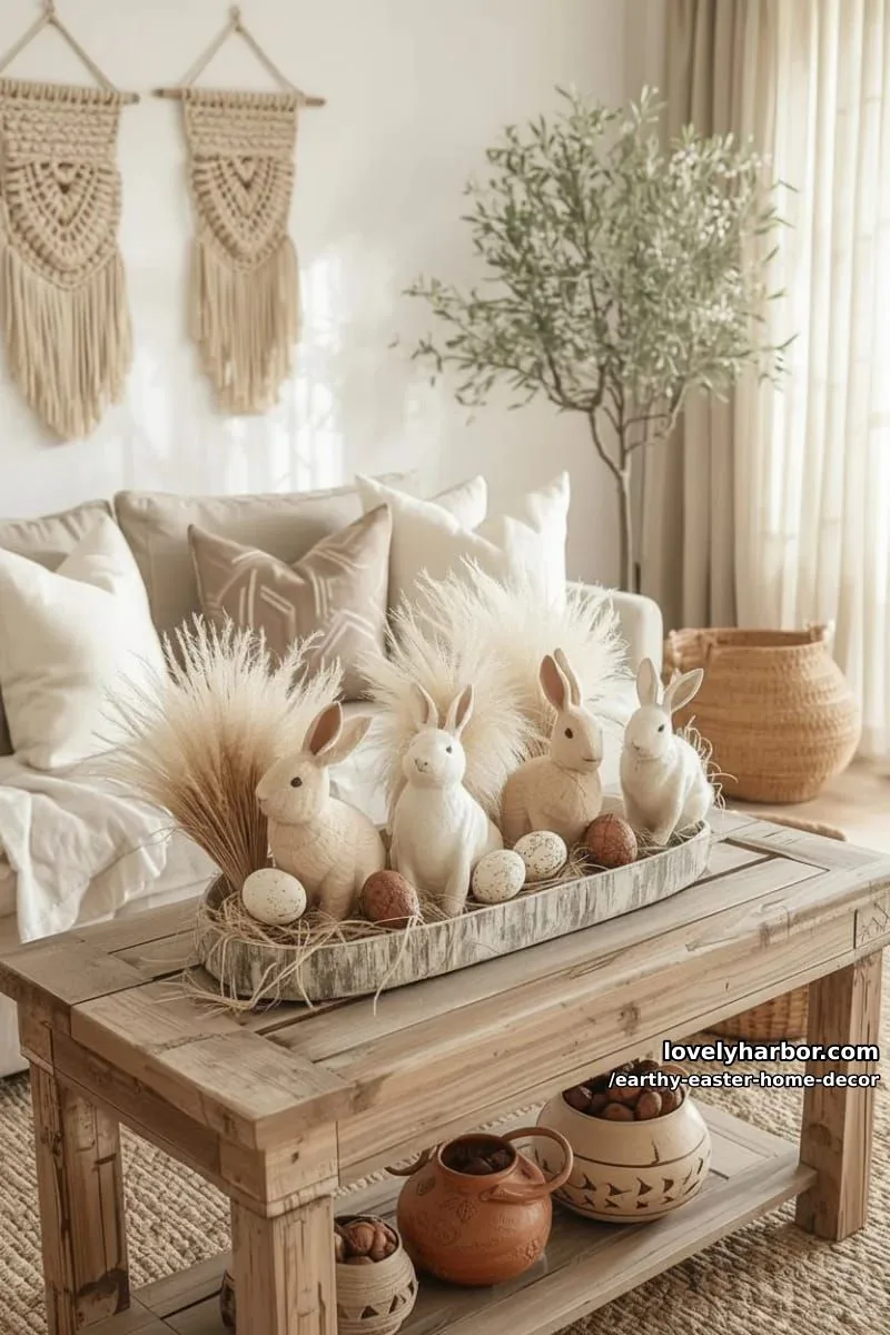 15 Earthy Easter Home Decor For A Nature-Friendly Seasonal Touch 30 neutral-toned bunny figurines nestled among pampas grass and eggs 1
