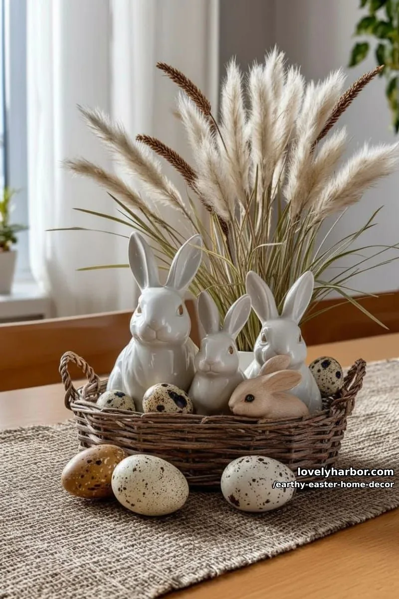 15 Earthy Easter Home Decor For A Nature-Friendly Seasonal Touch 31 neutral-toned bunny figurines nestled among pampas grass and eggs 1
