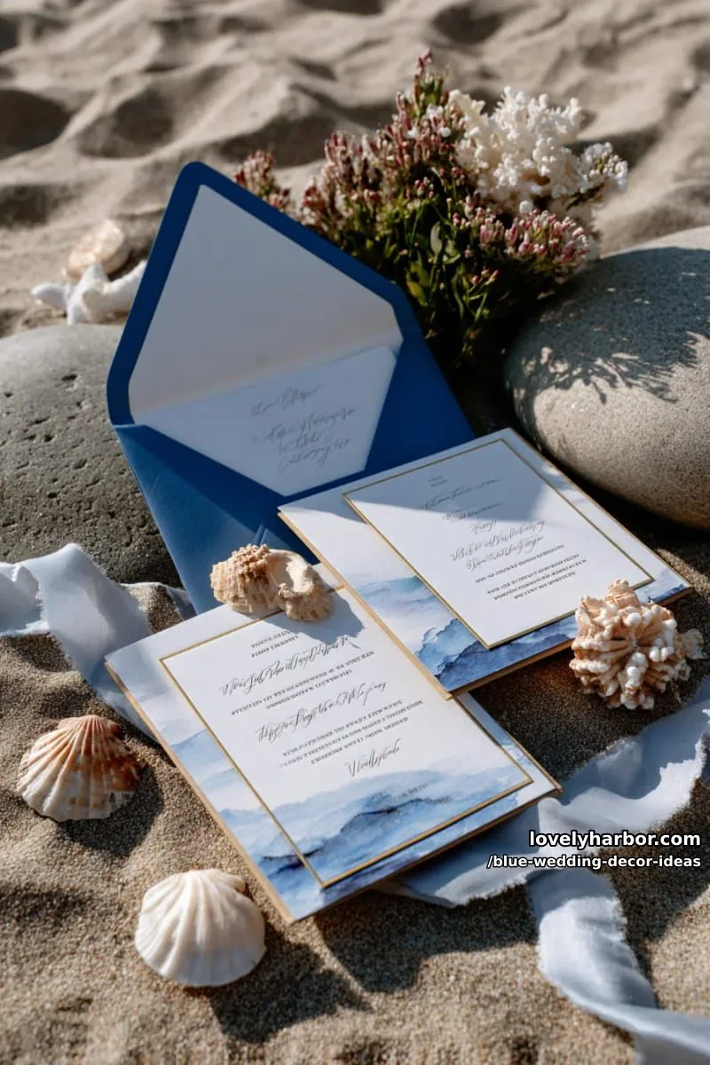 ocean-inspired watercolor blue wedding invitation suite with metallic touches 1