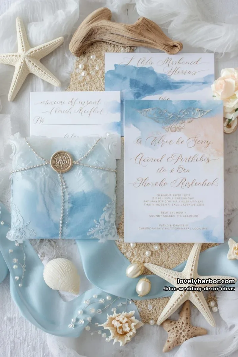 ocean-inspired watercolor blue wedding invitation suite with metallic touches 1