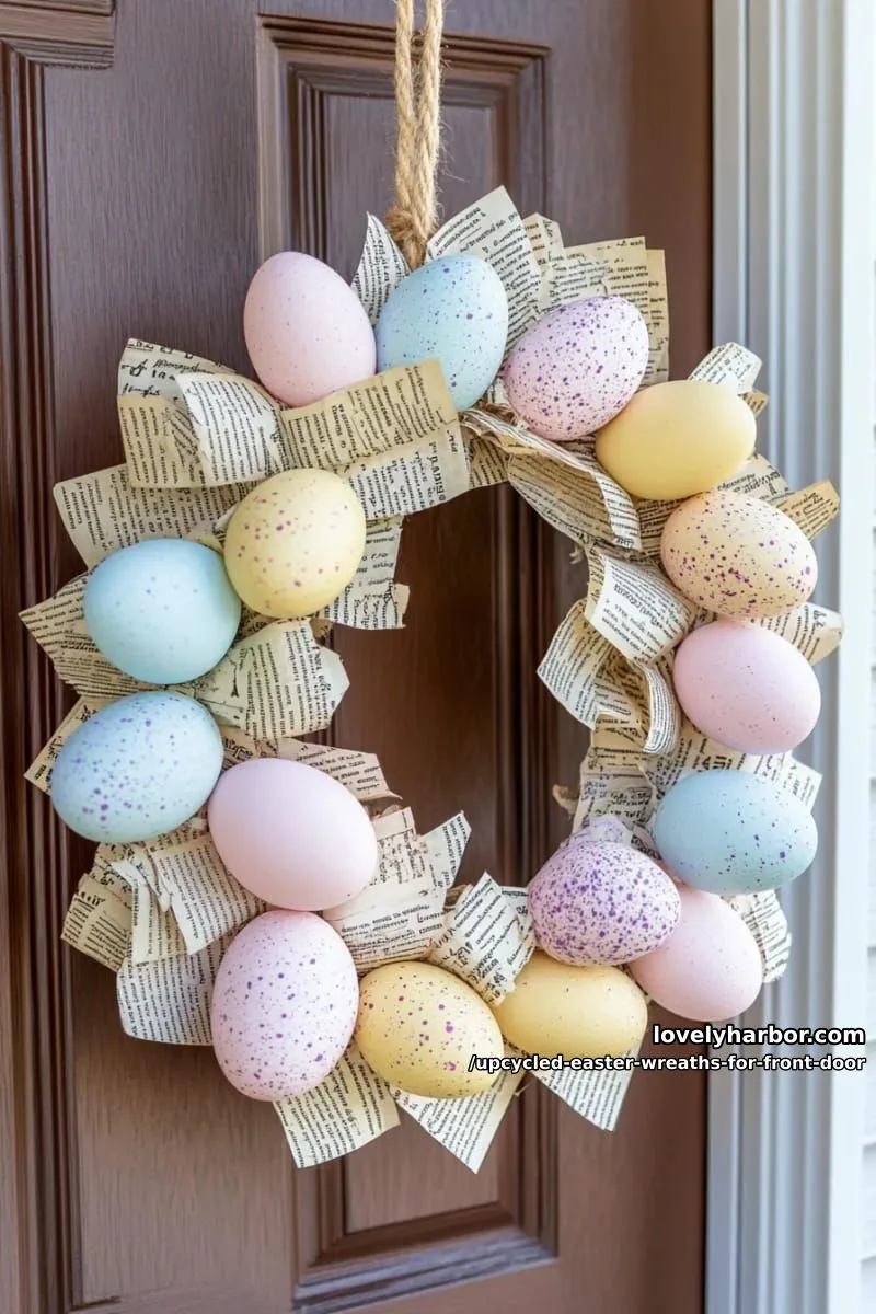 15 Upcycled Easter Wreaths For Front Door That Bring Colorful Spring Vibes 13 old book pages twisted into a nest wreath with painted egg accents 1
