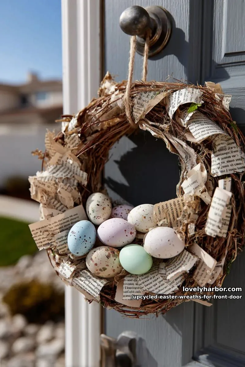 15 Upcycled Easter Wreaths For Front Door That Bring Colorful Spring Vibes 14 old book pages twisted into a nest wreath with painted egg accents 1