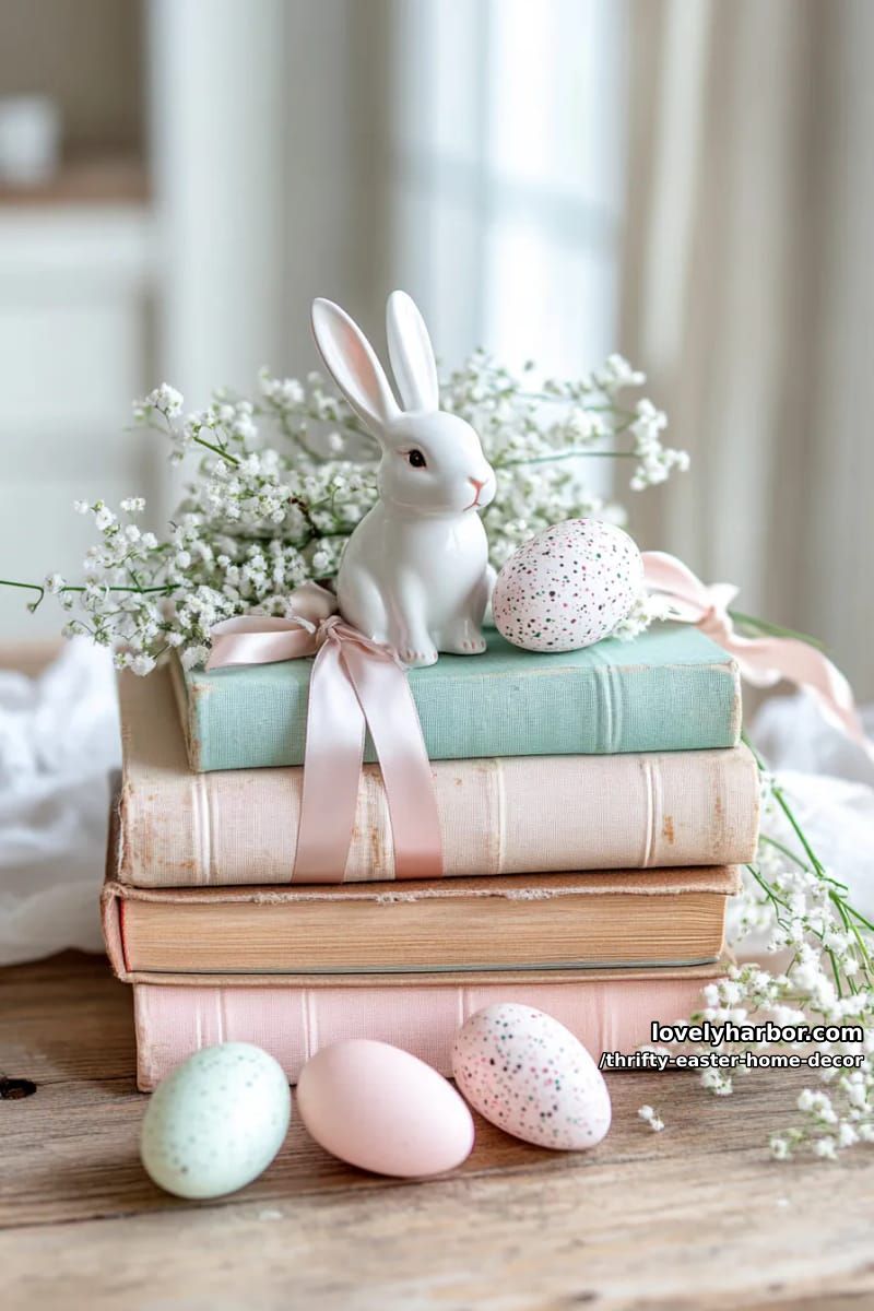 old book stacks tied with ribbon, topped with mini ceramic rabbits 1
