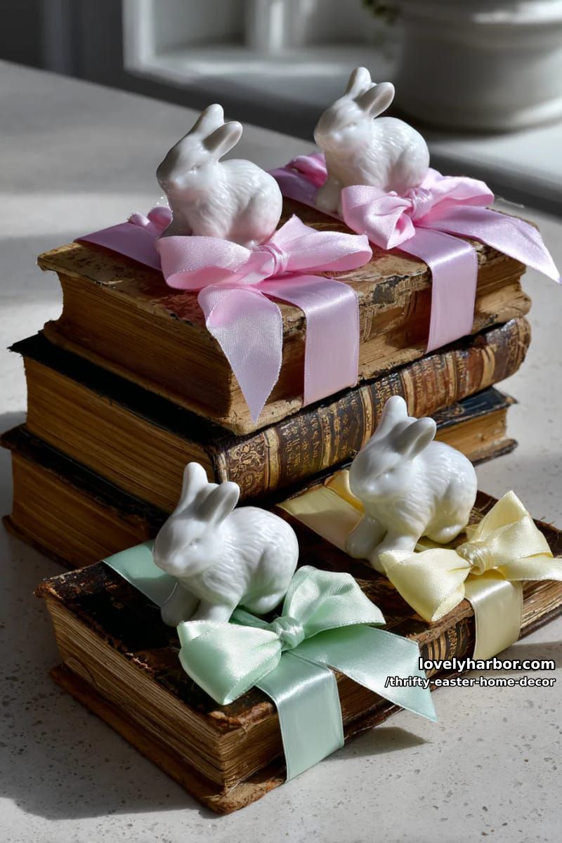 old book stacks tied with ribbon, topped with mini ceramic rabbits 1