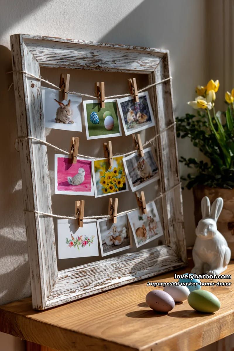 old picture frame turned into a hanging easter card display 1