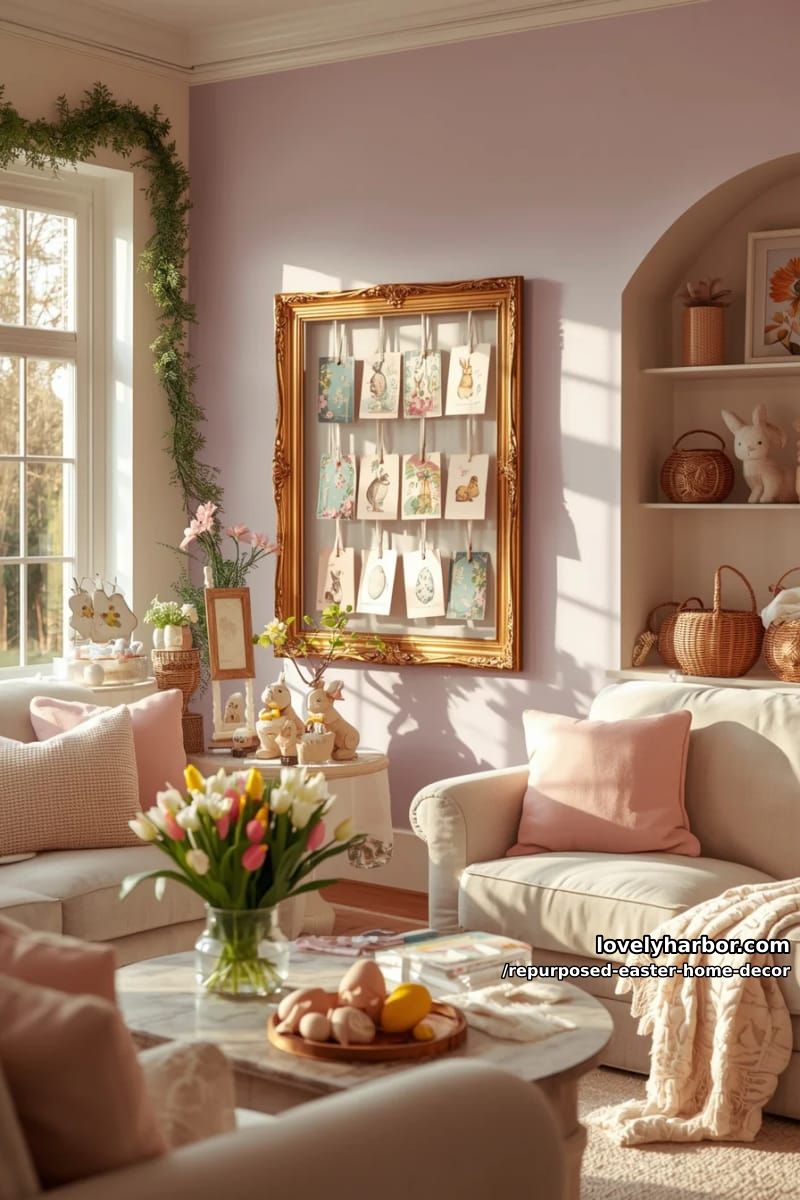 old picture frame turned into a hanging easter card display 1