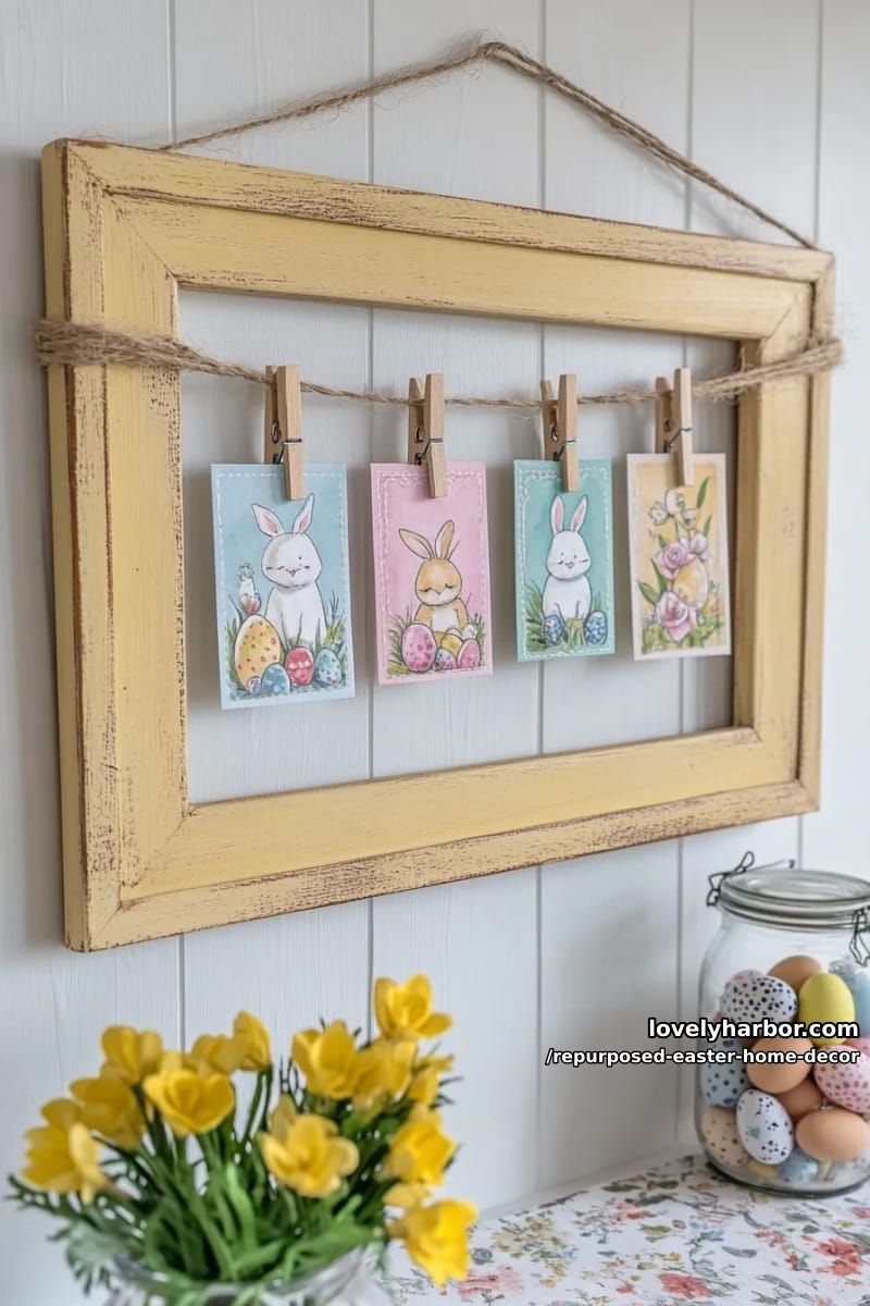 old picture frame turned into a hanging easter card display 1