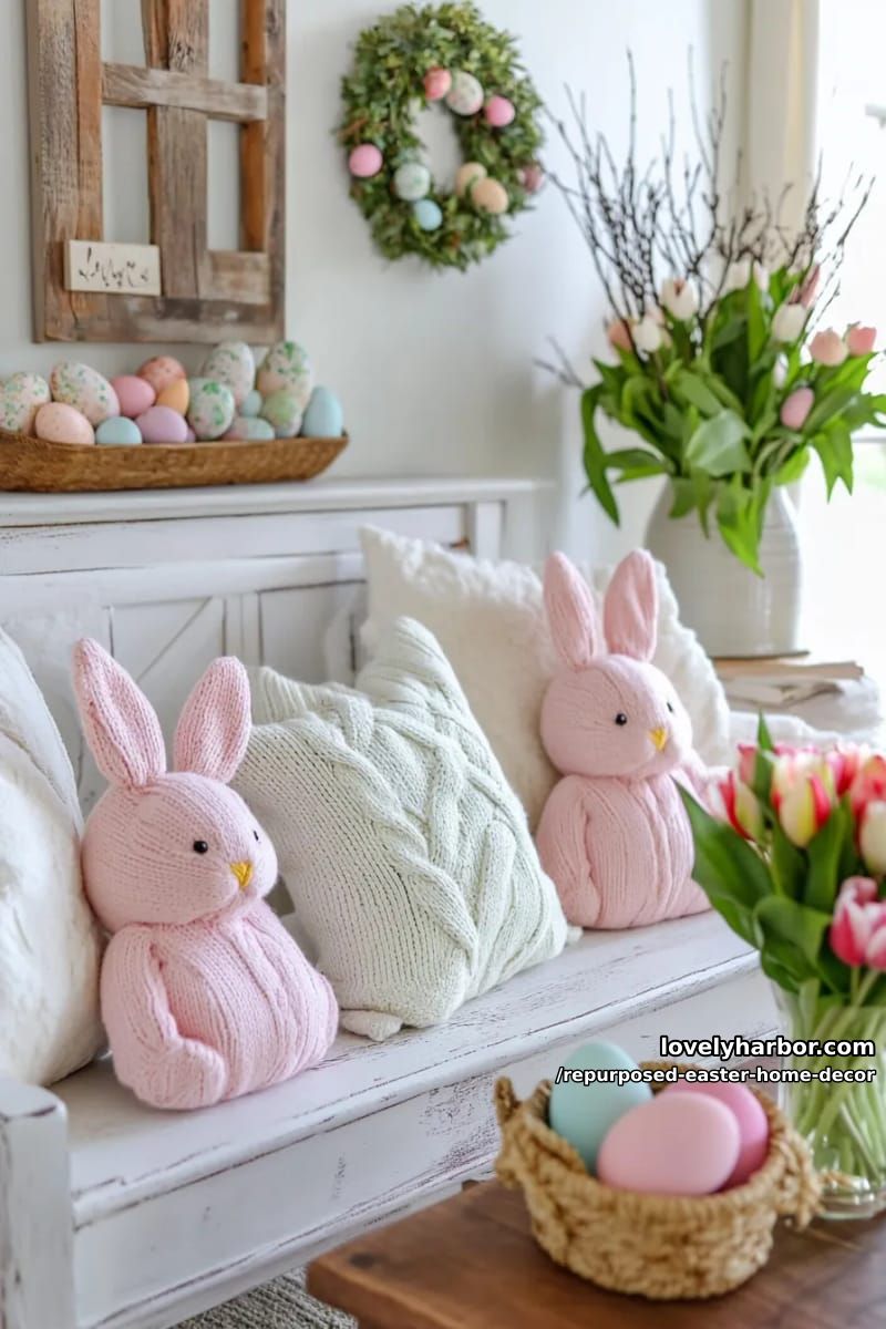 old sweater sleeves transformed into plush bunny pillows 1