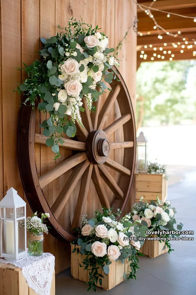 19 Rustic DIY Wedding Decor Ideas with Dreamy Vibes 23 old wagon wheel decorated with hanging greenery and blooms 1