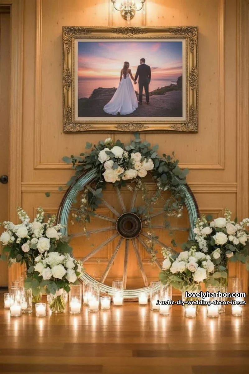 19 Rustic DIY Wedding Decor Ideas with Dreamy Vibes 24 old wagon wheel decorated with hanging greenery and blooms 1