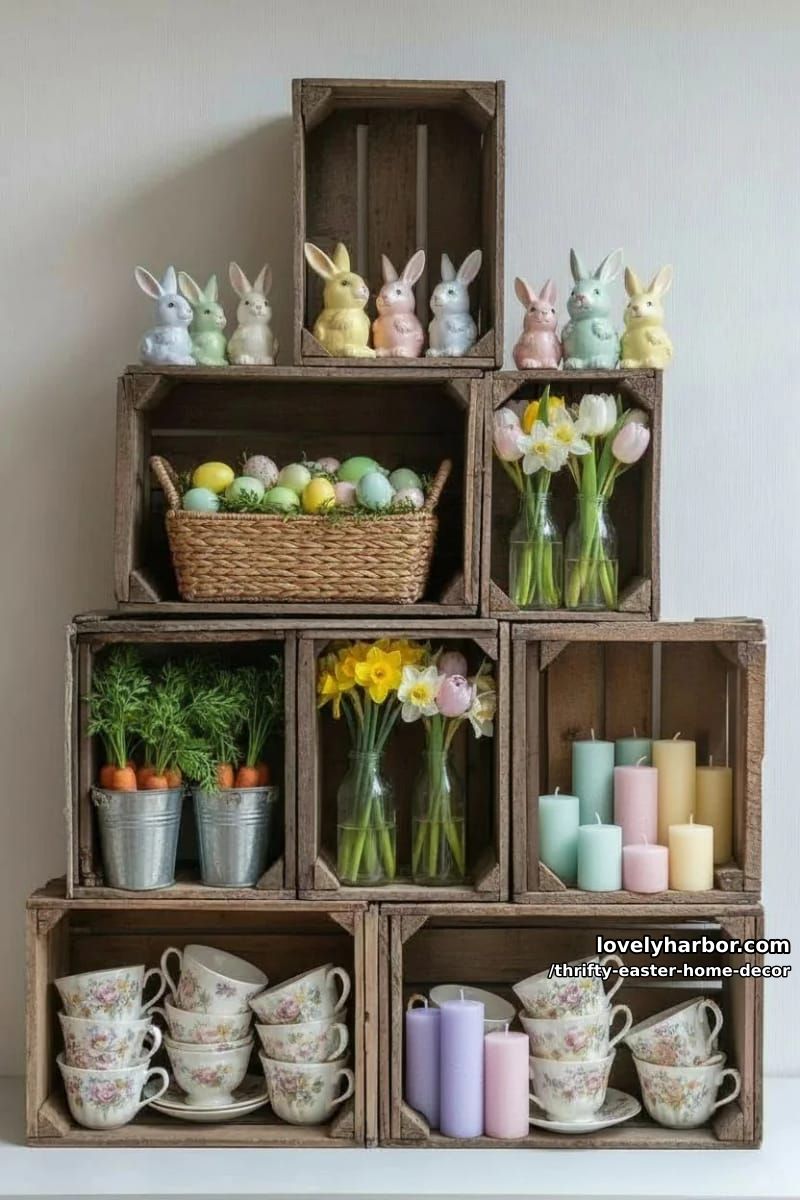 old wooden crates stacked as tiered display for thrifted spring decor treasures 1