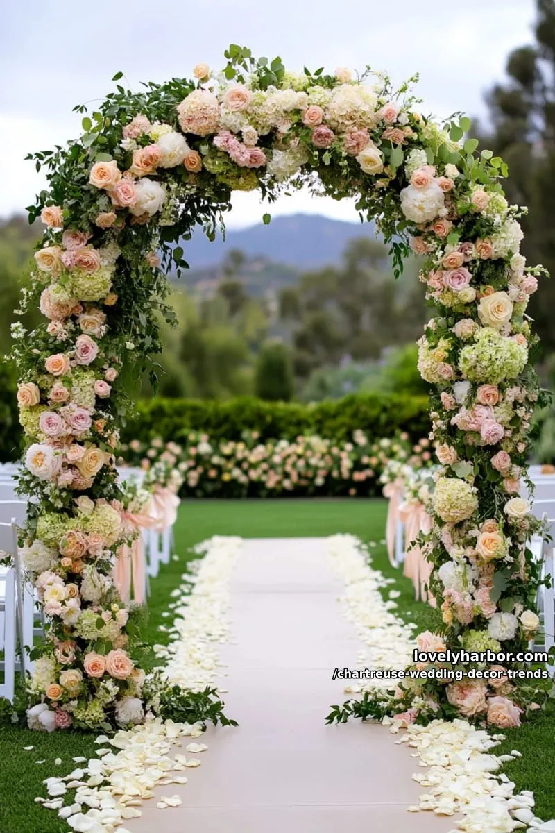 15 Chartreuse Wedding Decor Trends You Should Try 10 ombre chartreuse floral archway with cream and blush accents 1