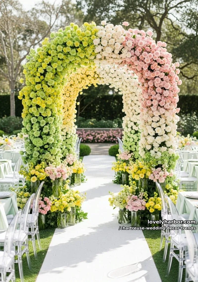 15 Chartreuse Wedding Decor Trends You Should Try 9 ombre chartreuse floral archway with cream and blush accents 1