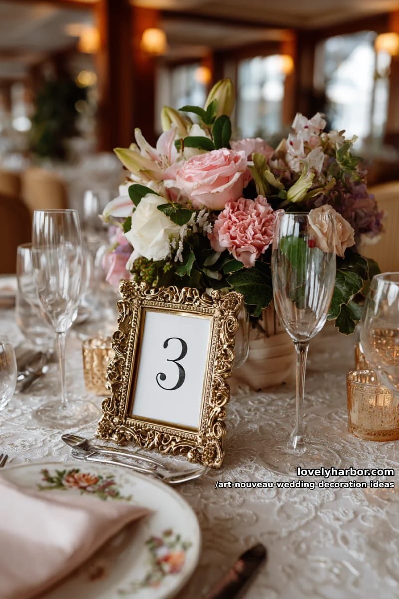 opulent table numbers in ornate gold frames with art nouveau patterns 1