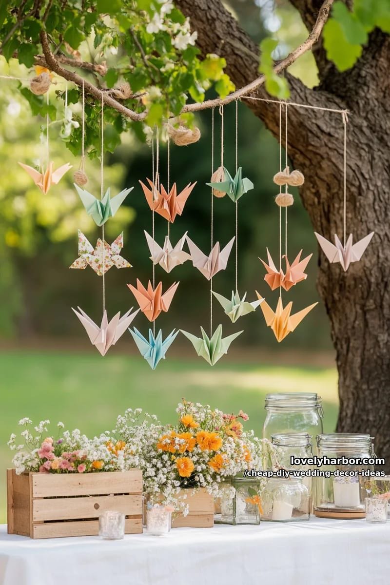origami cranes strung from tree branches for whimsical flair 1