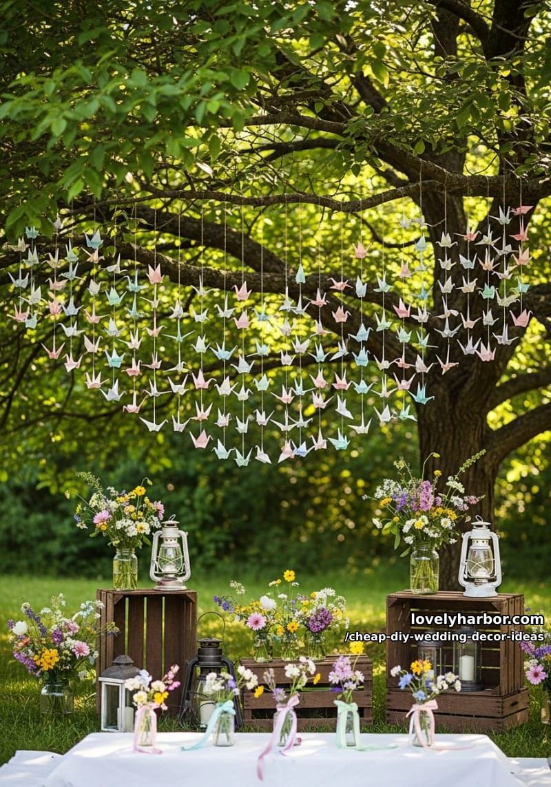 origami cranes strung from tree branches for whimsical flair 1