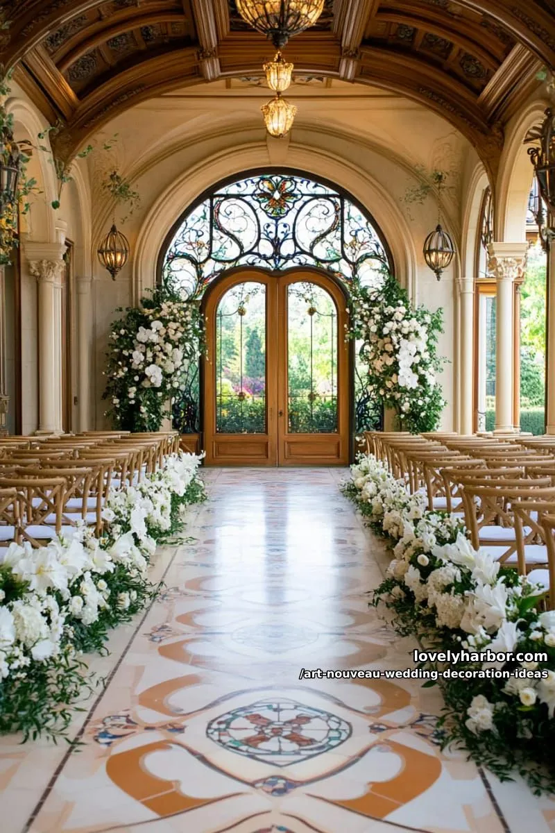 ornate arched ceremony backdrop with gold filigree and stained glass accents 1