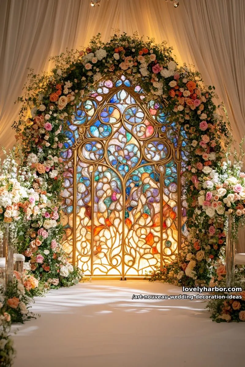 ornate arched ceremony backdrop with gold filigree and stained glass accents 1