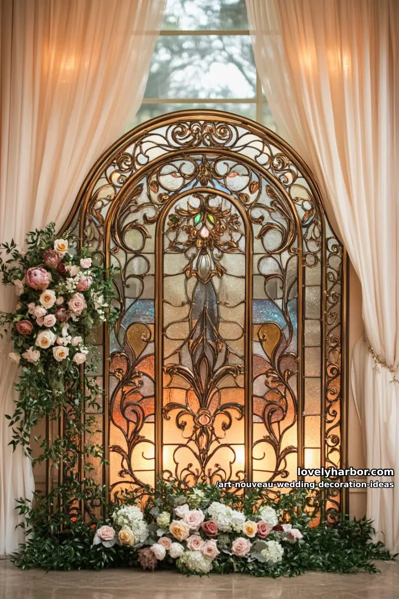 ornate arched ceremony backdrop with gold filigree and stained glass accents 1