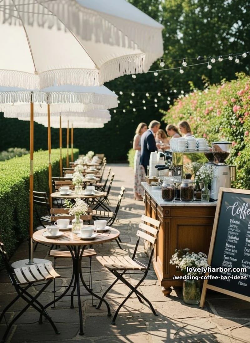outdoor café-style setup with bistro tables and white parasols 1