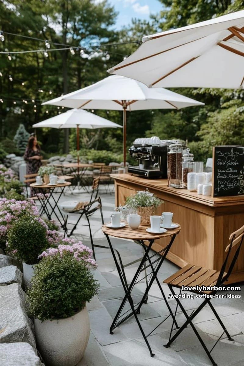 outdoor café-style setup with bistro tables and white parasols 1