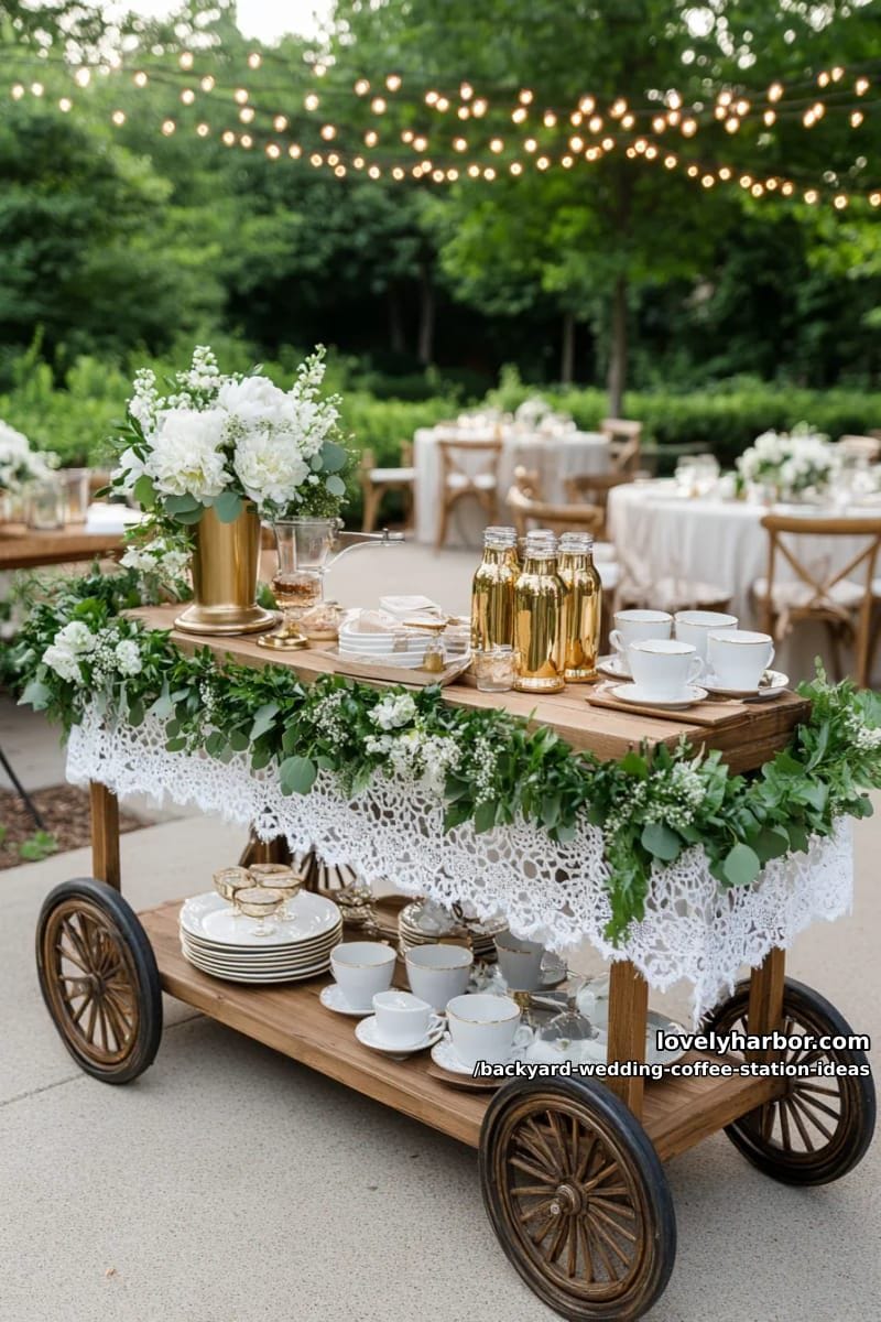 outdoor coffee cart with greenery garlands and gold-accented dispensers 1