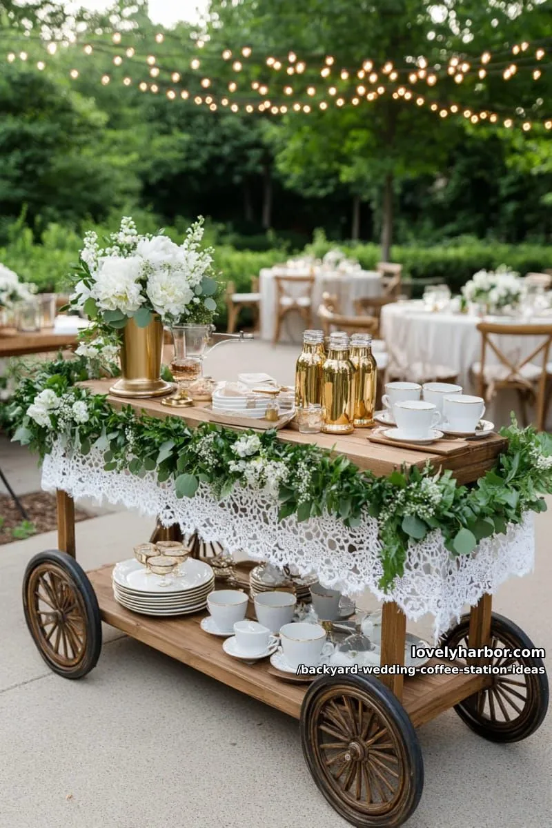 15 Backyard Wedding Coffee Station Ideas For Your Reception 6 outdoor coffee cart with greenery garlands and gold-accented dispensers 1
