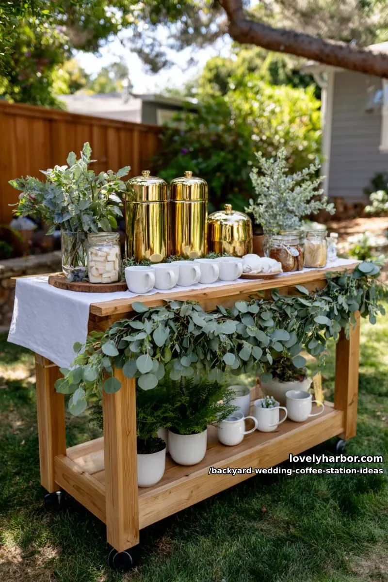 15 Backyard Wedding Coffee Station Ideas For Your Reception 7 outdoor coffee cart with greenery garlands and gold-accented dispensers 1