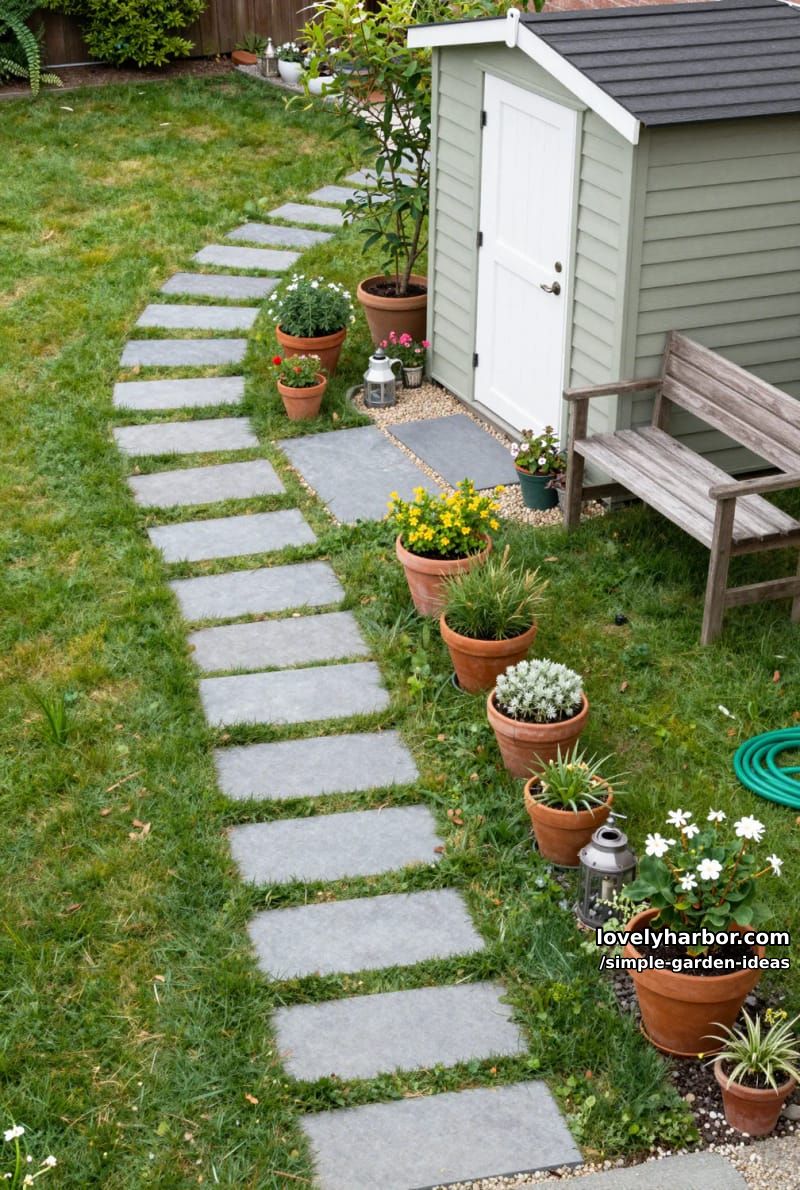 overhead view of backyard with paving stones, shed, and potted plants 1