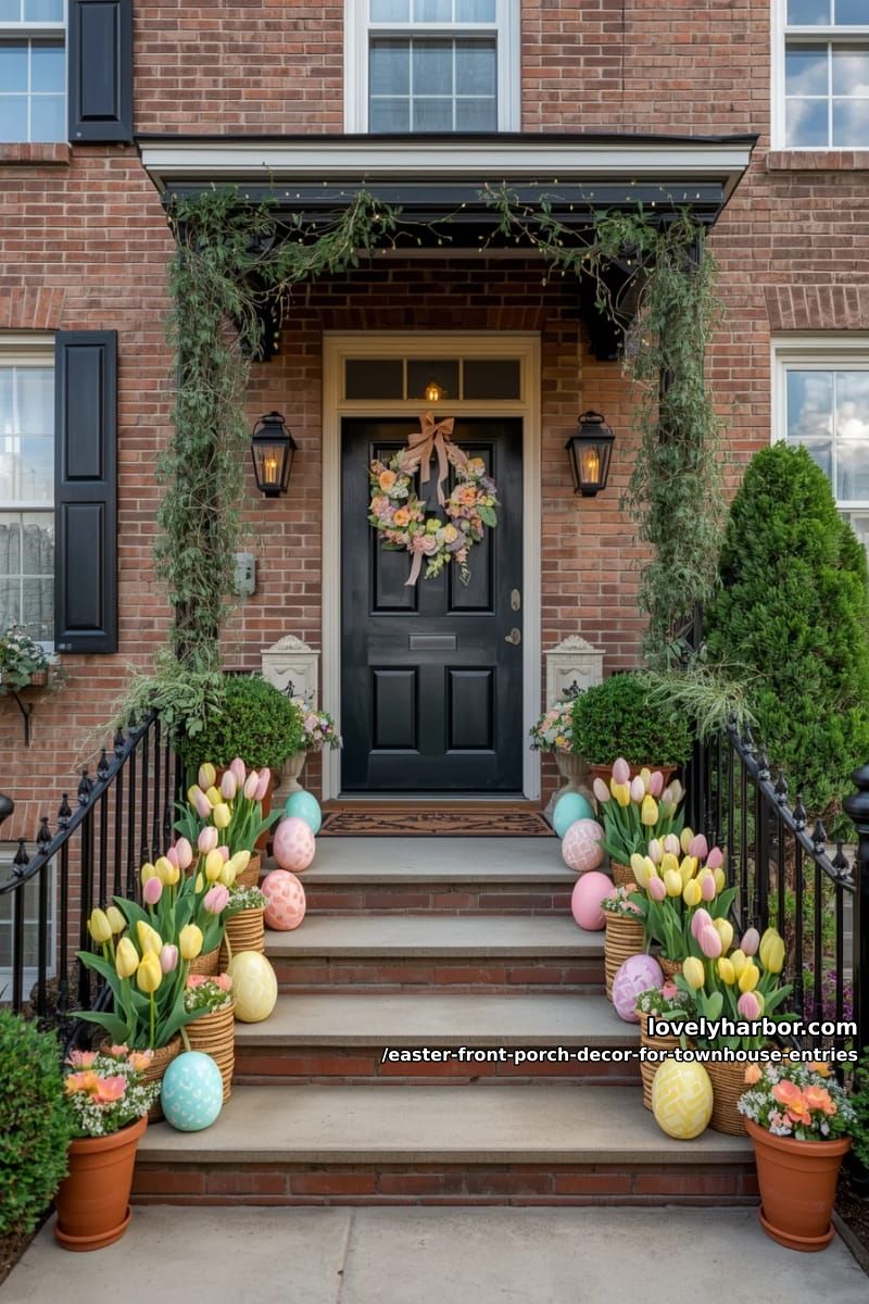 oversized pastel eggs lining townhouse steps with blooming potted tulips 1