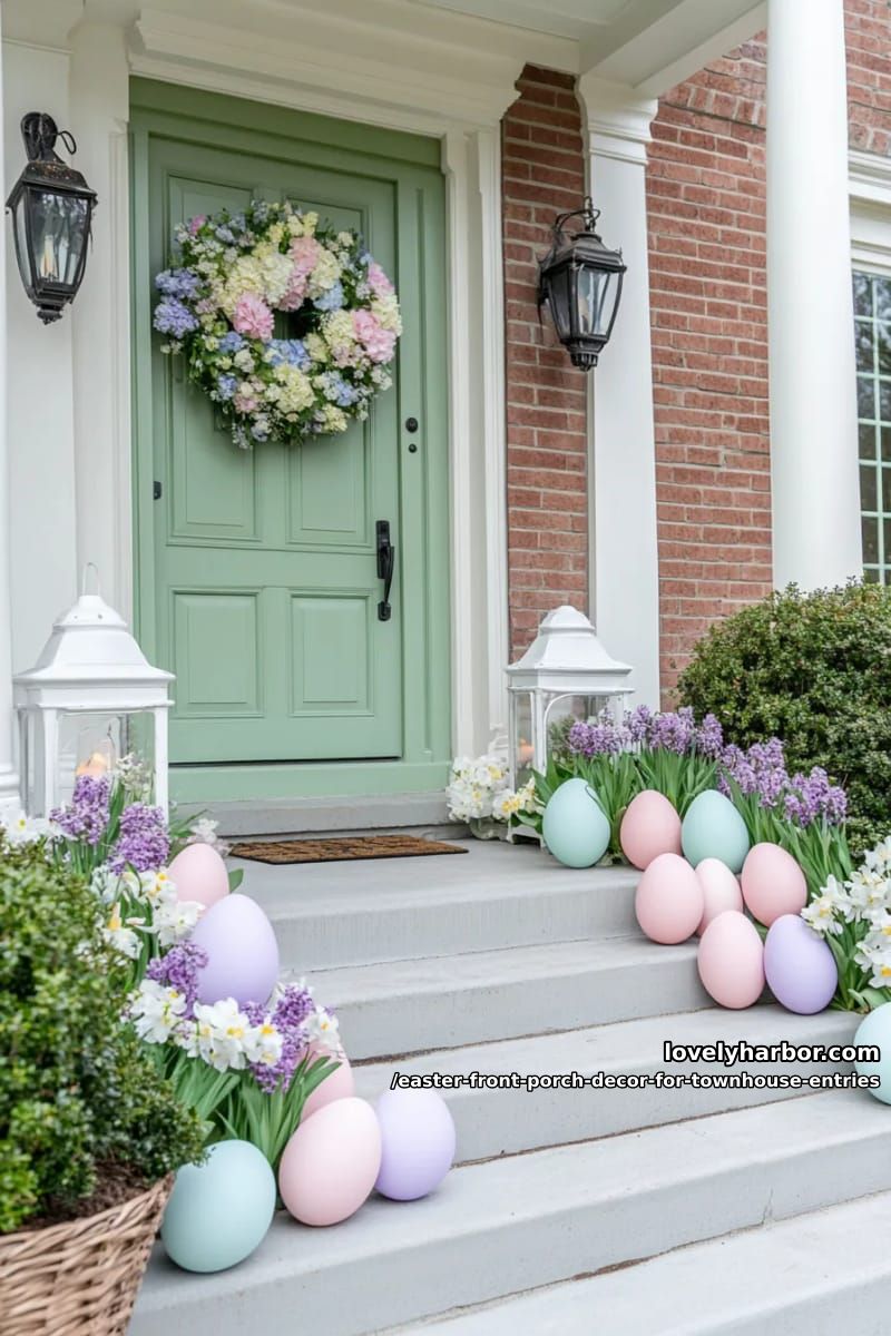 oversized pastel eggs lining townhouse steps with blooming potted tulips 1