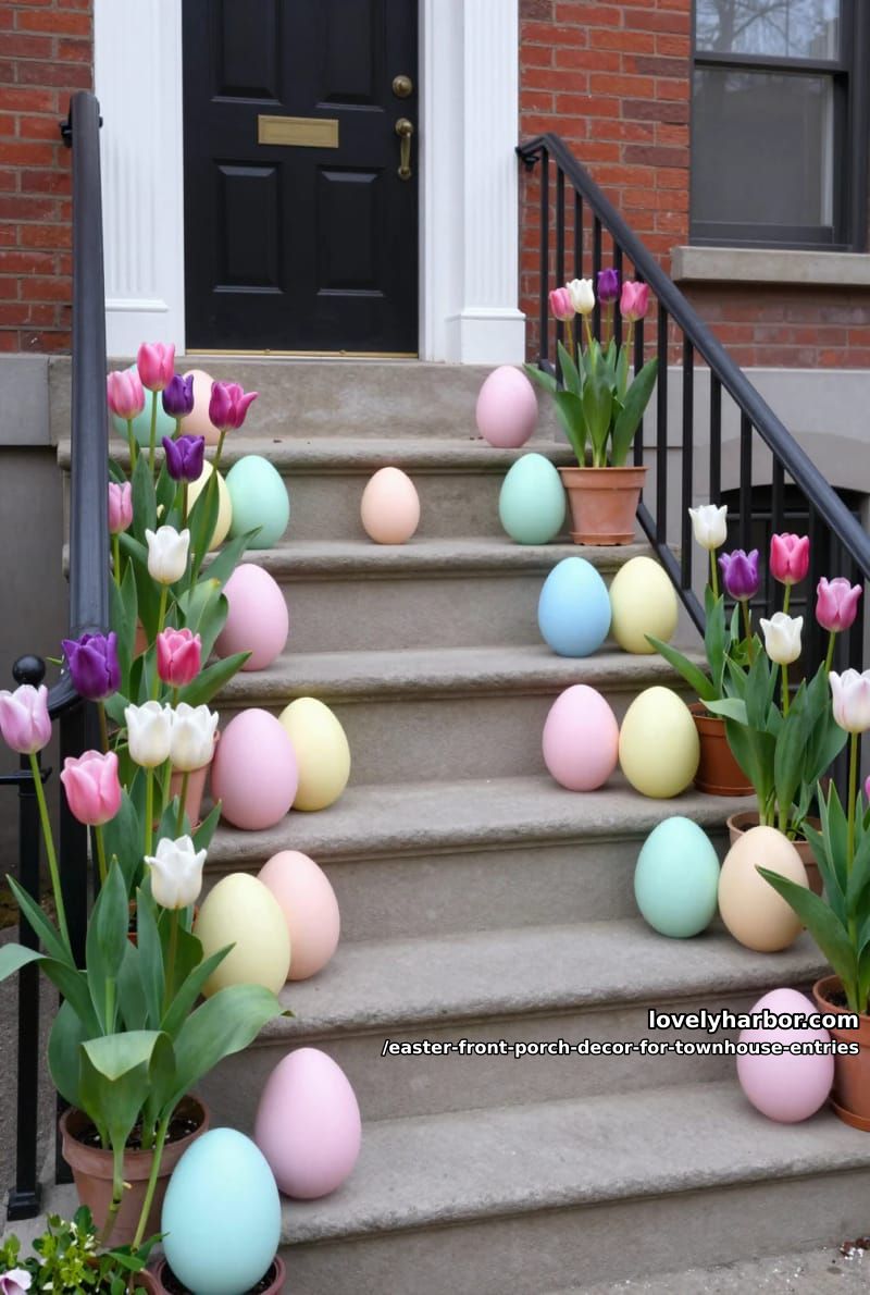 oversized pastel eggs lining townhouse steps with blooming potted tulips 1