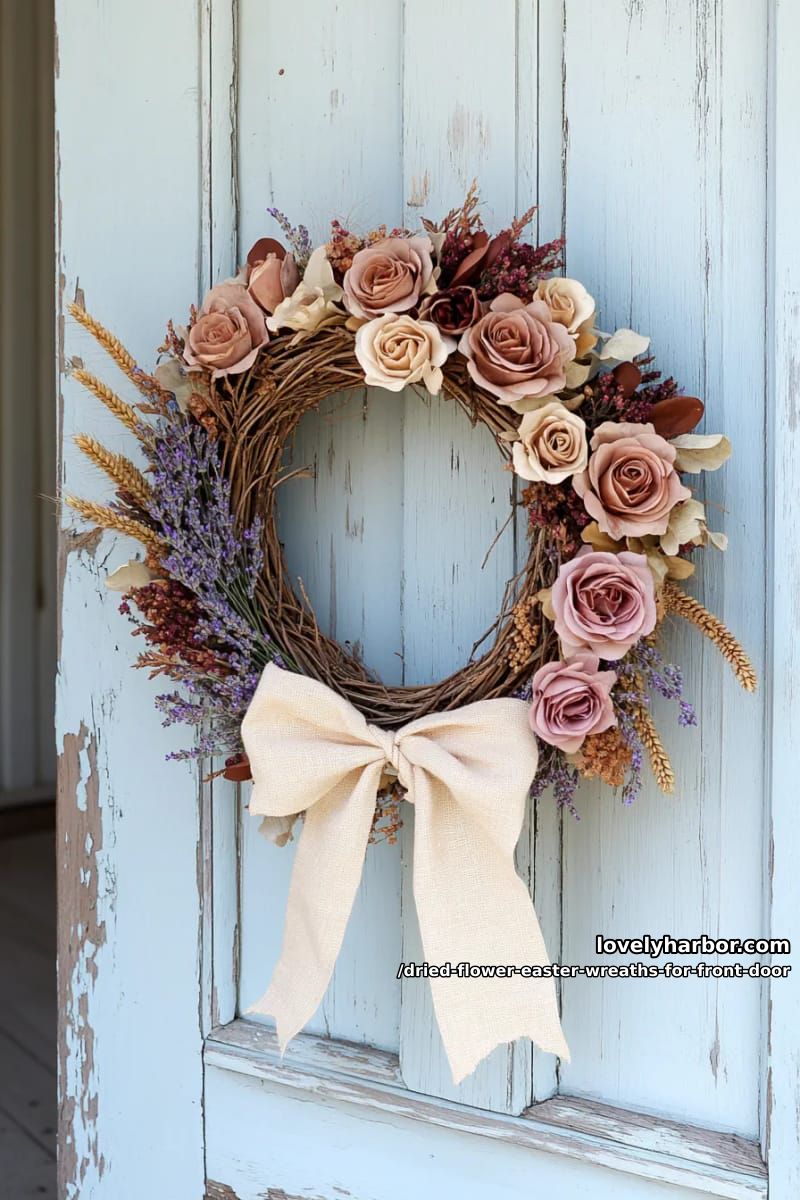 oversized wreath with dried roses, wheat stalks, and a vintage linen bow 1