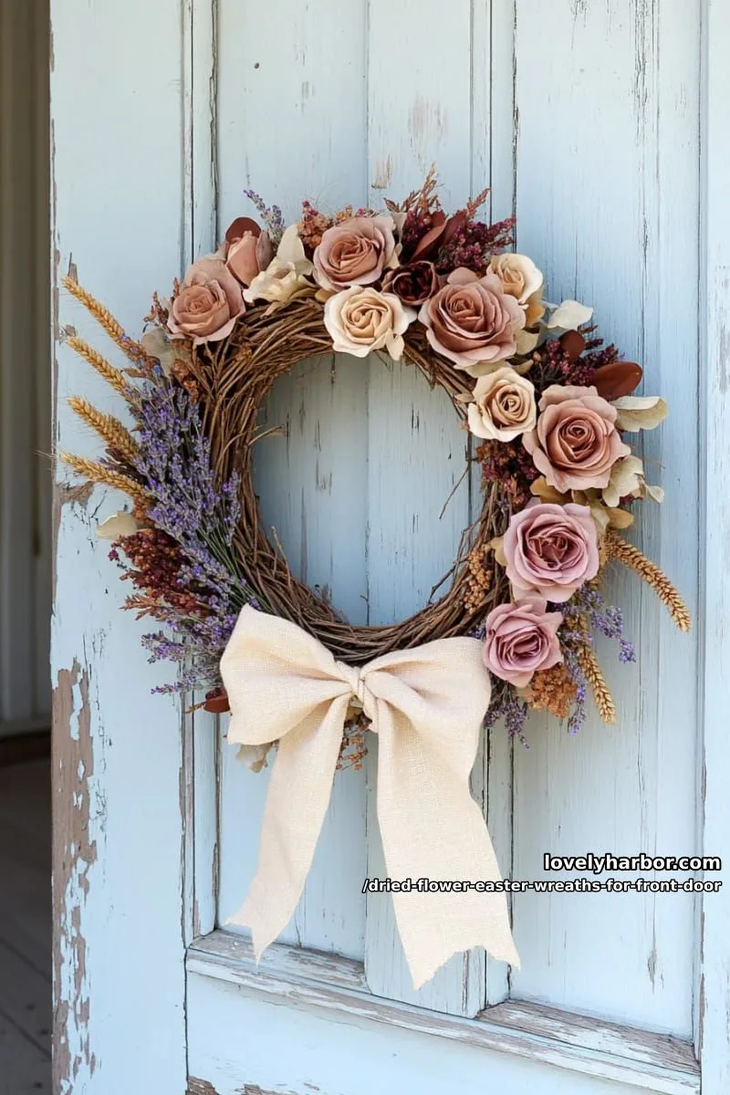 oversized wreath with dried roses, wheat stalks, and a vintage linen bow 1
