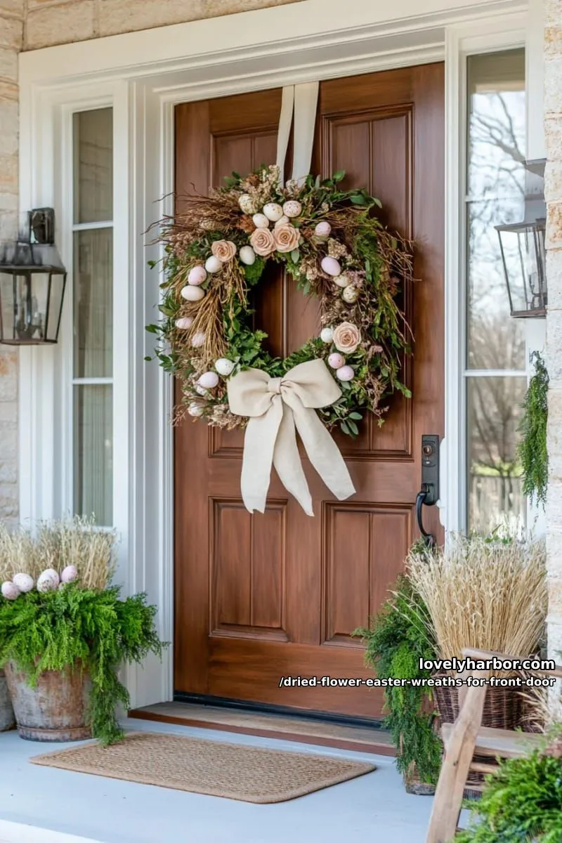 oversized wreath with dried roses, wheat stalks, and a vintage linen bow 1